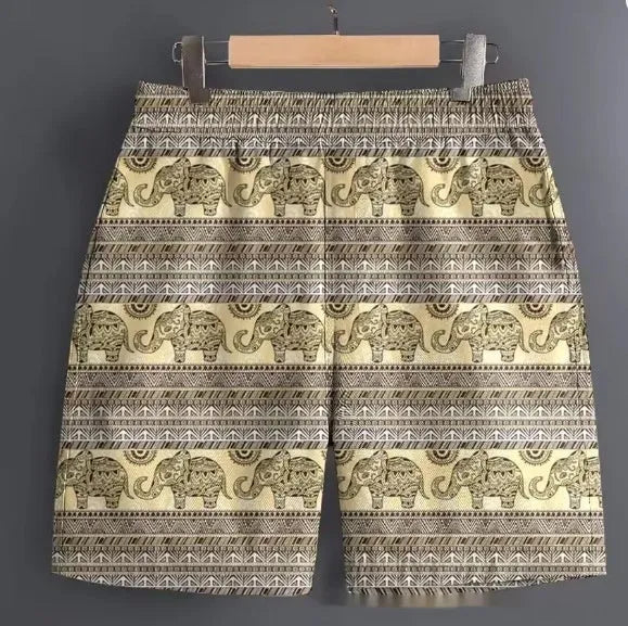 Men's casual polyester shorts in camouflage print, laid flat to show size and pattern.
