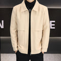 Men's casual polo collar jacket in khaki and grey colour options with side seam pockets