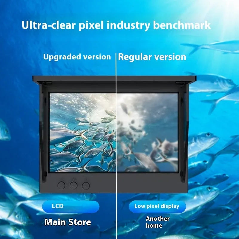 HD underwater fish finder camera with 4.3-inch screen, wide-angle lens, and night vision lights on a box.