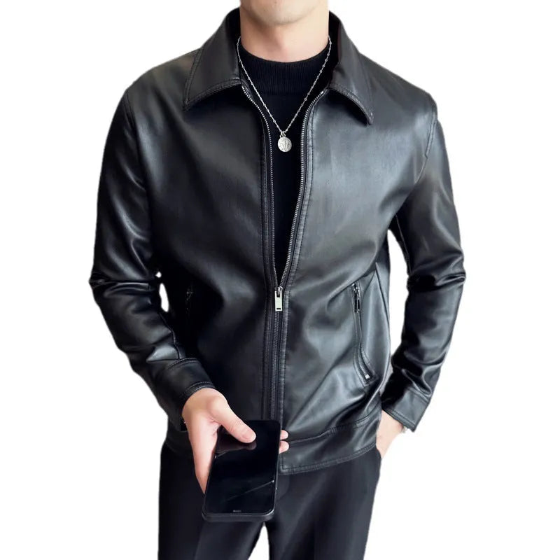 Men's black PU leather casual jacket with regular length and loose fit