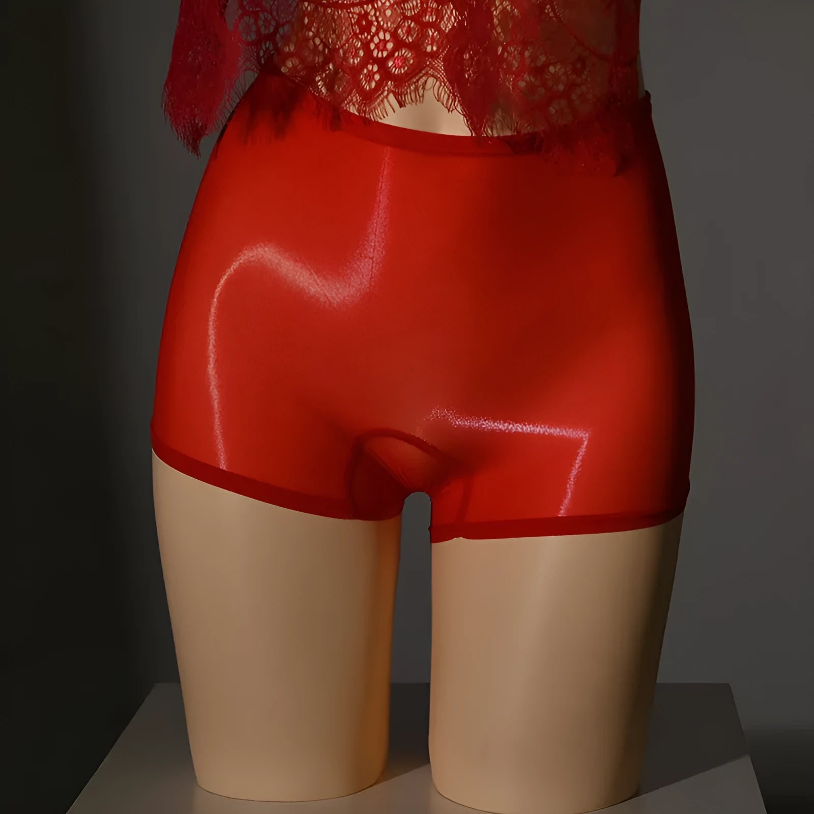 Men's shiny underwear stockings in seamless open style with mid waist design