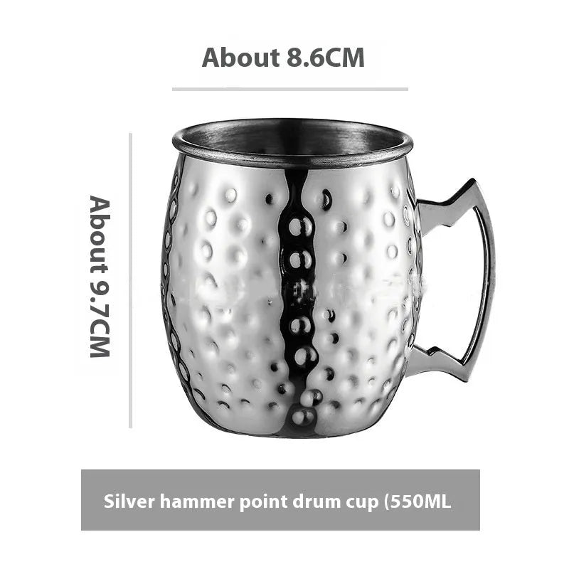 Copper plated stainless steel Moscow Mule mug in hammered and smooth styles, shown in silver, gold, rose gold, and black.