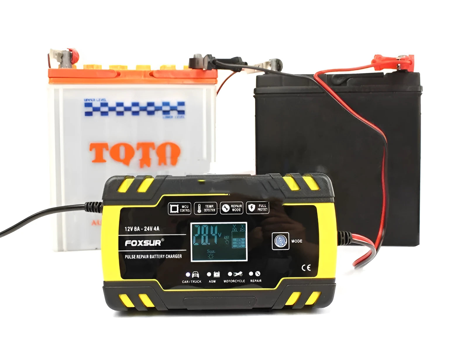 Motorcycle and car battery charger with screen display for 12V and 24V lead-acid batteries