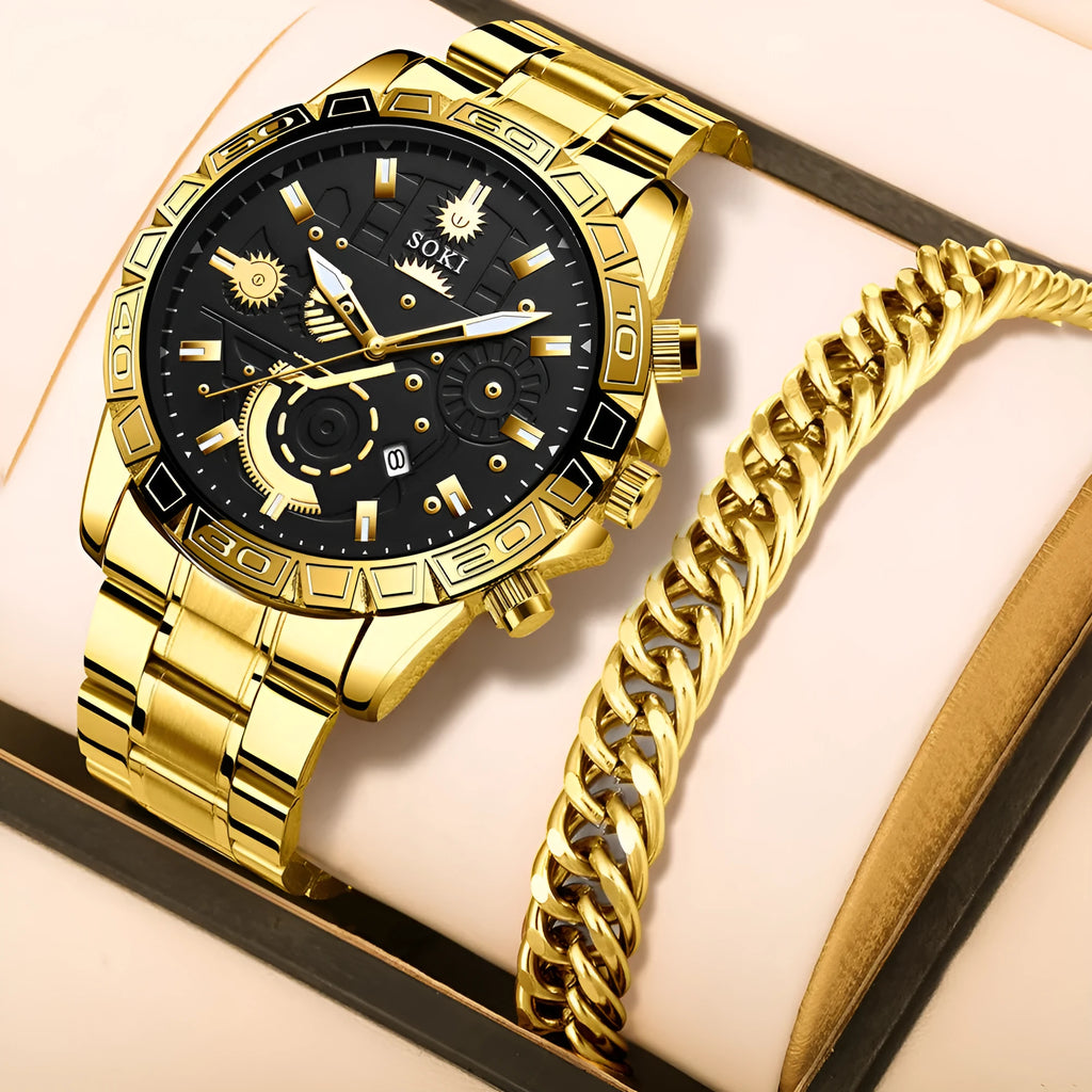 Men's gold business quartz watch with stainless steel strap showing 10mm thickness and single folding buckle