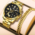 Men's gold business quartz watch with stainless steel strap showing 10mm thickness and single folding buckle