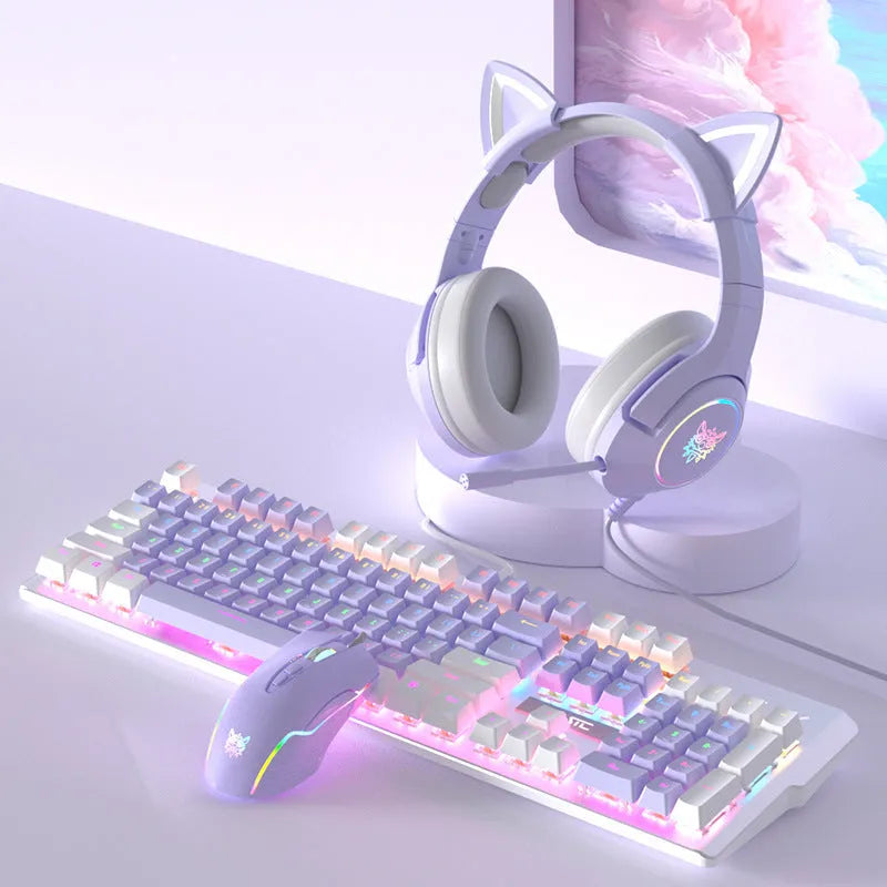 White and purple wired mechanical keyboard and mouse combo set with backlight on a desk.