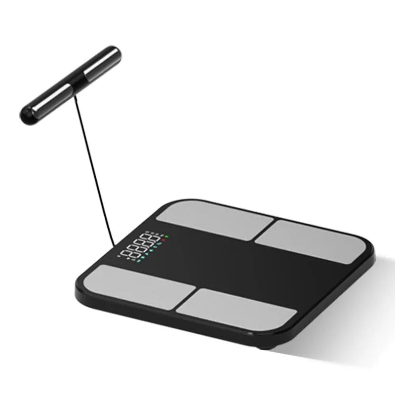 Black digital body composition scale with tempered glass platform and colour touchscreen display