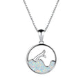 White gold geometric fishtail necklace with a round blue opal pendant on an adjustable chain.
