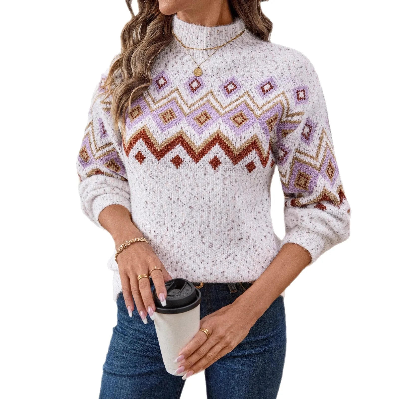 White loose-fit geometric jacquard sweater with a half-turtleneck collar, made from thick Chenille fabric.