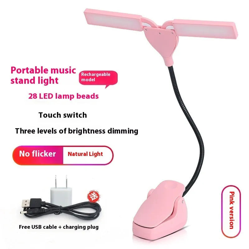 Black USB rechargeable music stand lamp with 28 LEDs mounted on a metal stand.