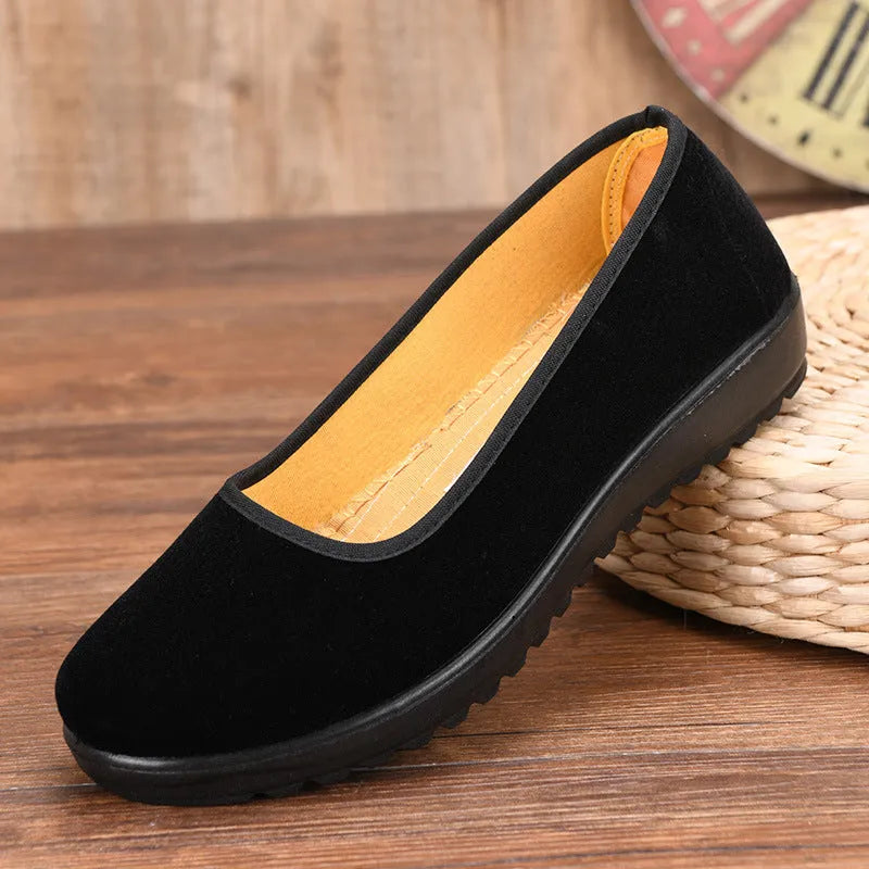 Women's Old Beijing cloth shoes black solid colour round toe polyurethane sole flat heel