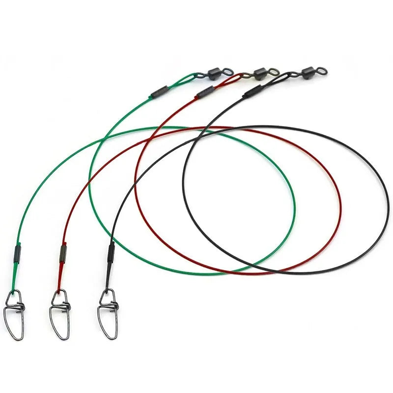 Set of 10 green anti-bite steel wire fishing accessories with double buckle pins, each 54cm long