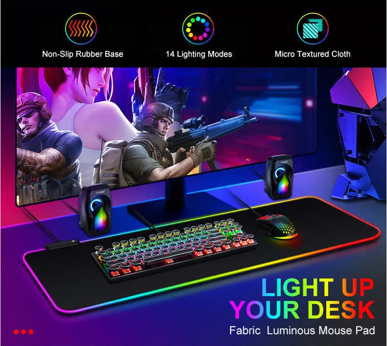 Luminous RGB mouse pad with non-slip rubber fabric base in multiple sizes