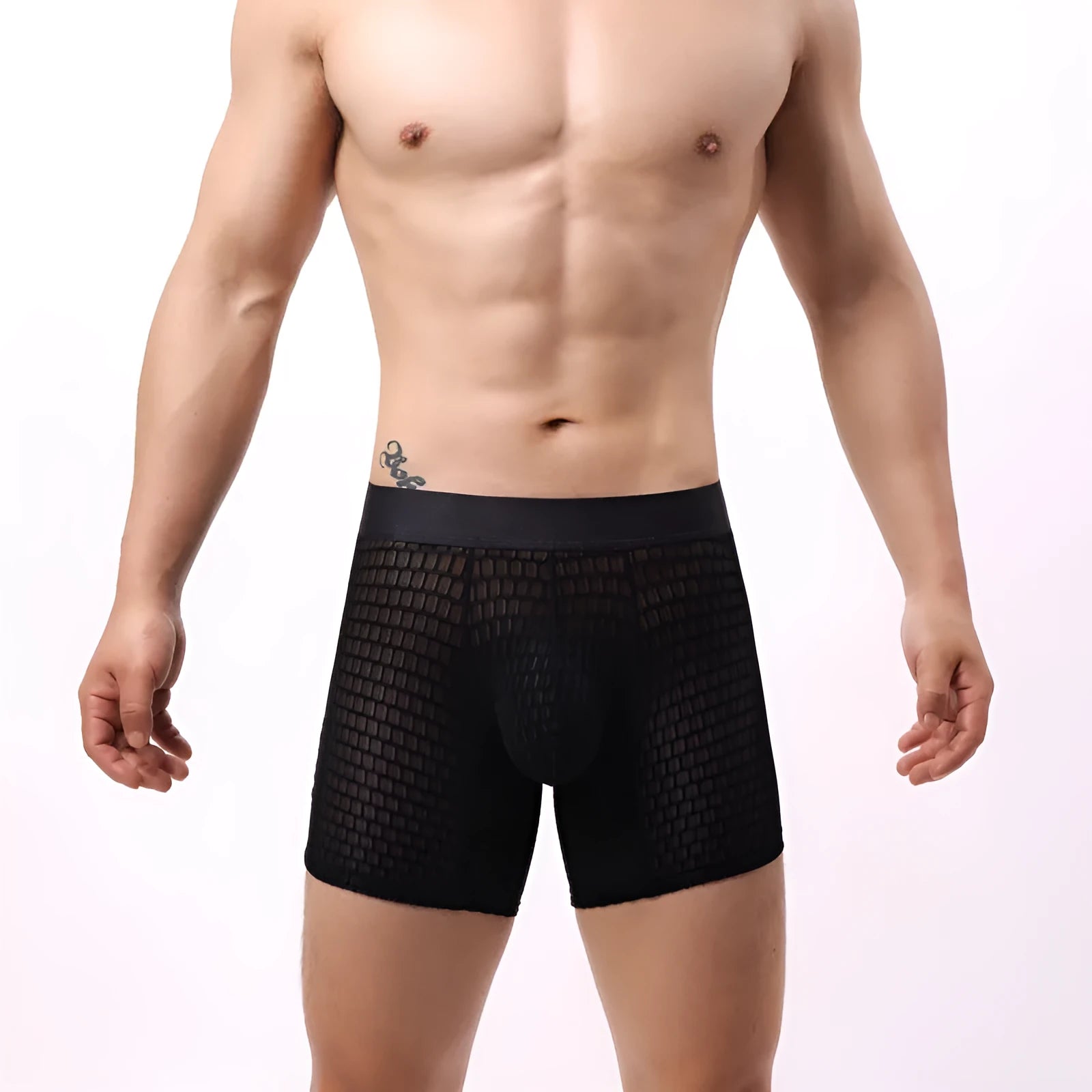 Men's lace mesh boxer shorts in black on a white background
