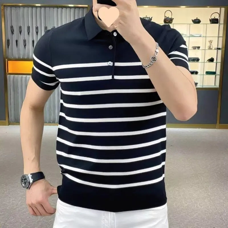 Black and white striped men's knit t-shirt with a lapel collar, laid flat.