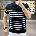 Black and white striped men's knit t-shirt with a lapel collar, laid flat.