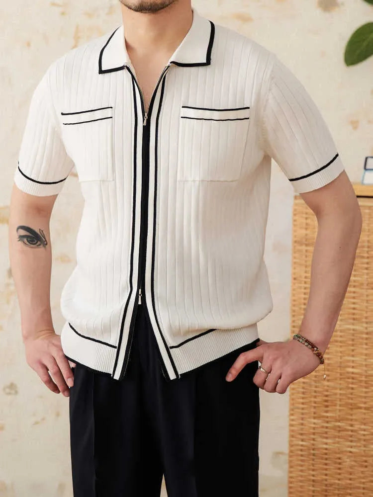 Slim fit lapel polo shirt in black with short sleeves and elastic knitting