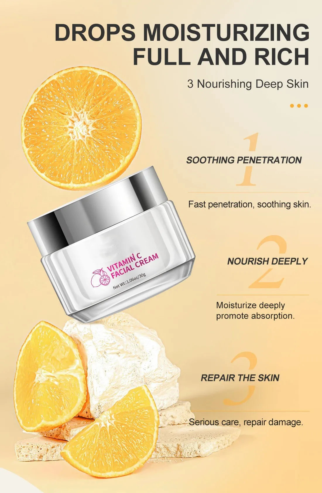 30g vitamin C face cream jar measuring 6x6x5.2cm for universal skin types