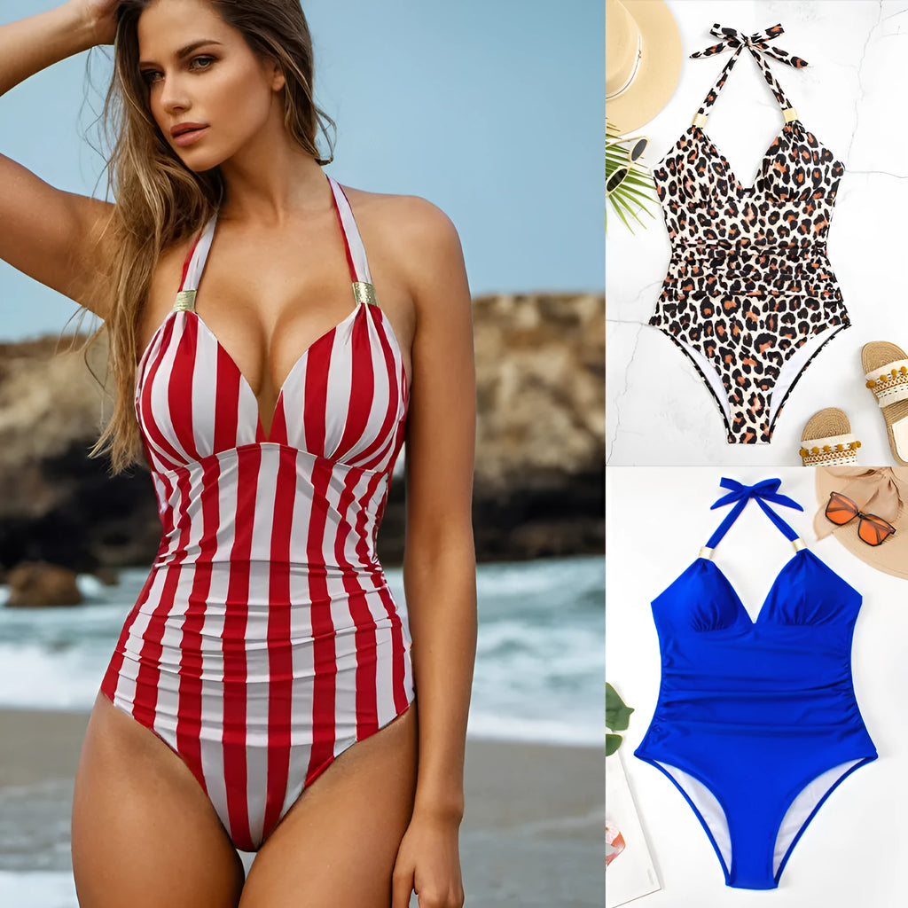 Women's quick-drying one-piece swimsuit in leopard print pattern showing front design