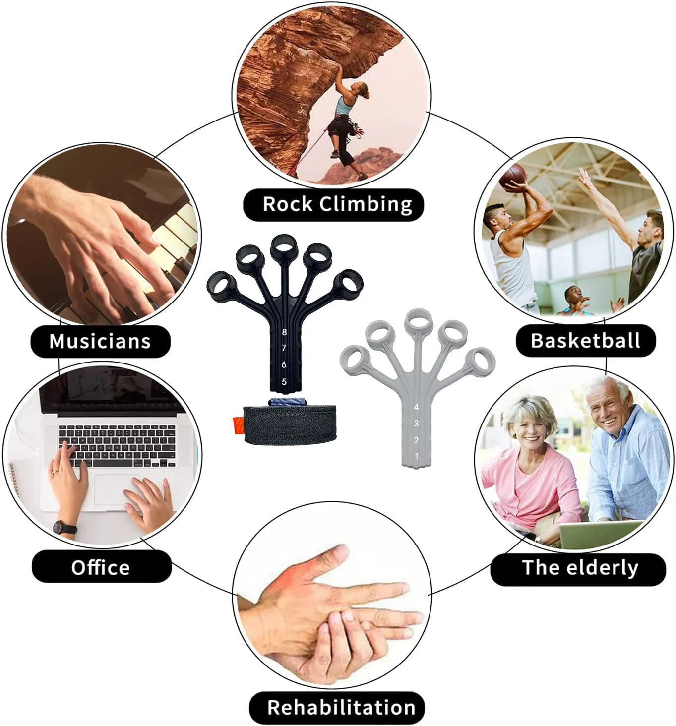 Black silicone finger rehabilitation trainer with adjustable tension belt for hand exercises