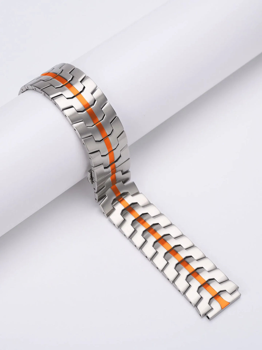 Stainless steel watch band for Samsung Galaxy Watch showing silver and black colour options with universal lug connectors