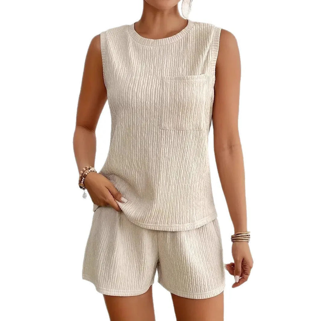 Women's apricot polyester vest and shorts set with round neck sleeveless design