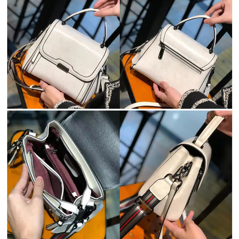 Genuine leather women's messenger bag in horizontal square shape with multiple pockets and double shoulder straps