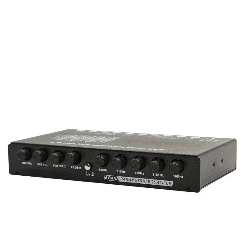 Black car audio EQ equaliser and frequency division amplifier with control panel and connection ports