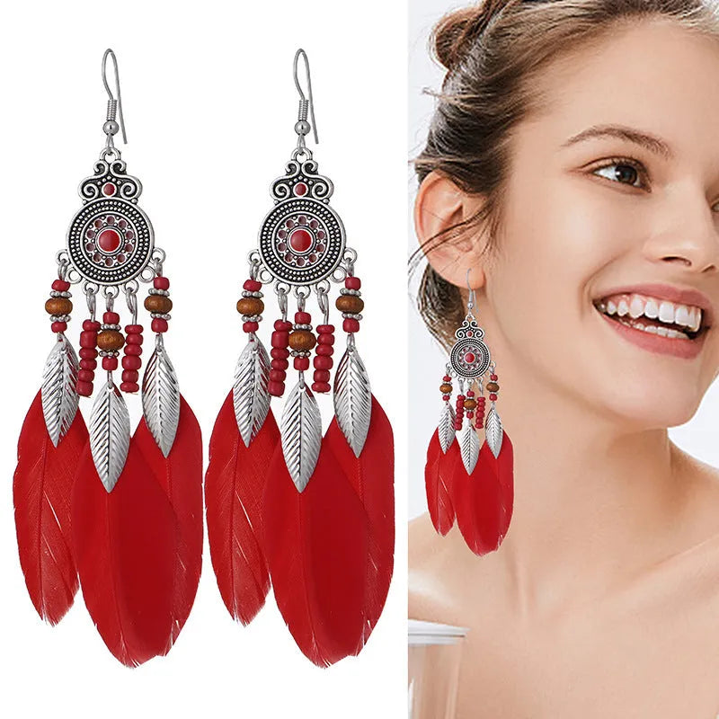 Round drop feather earrings with leaf pattern in Bohemian style, electroplated alloy in various colour options