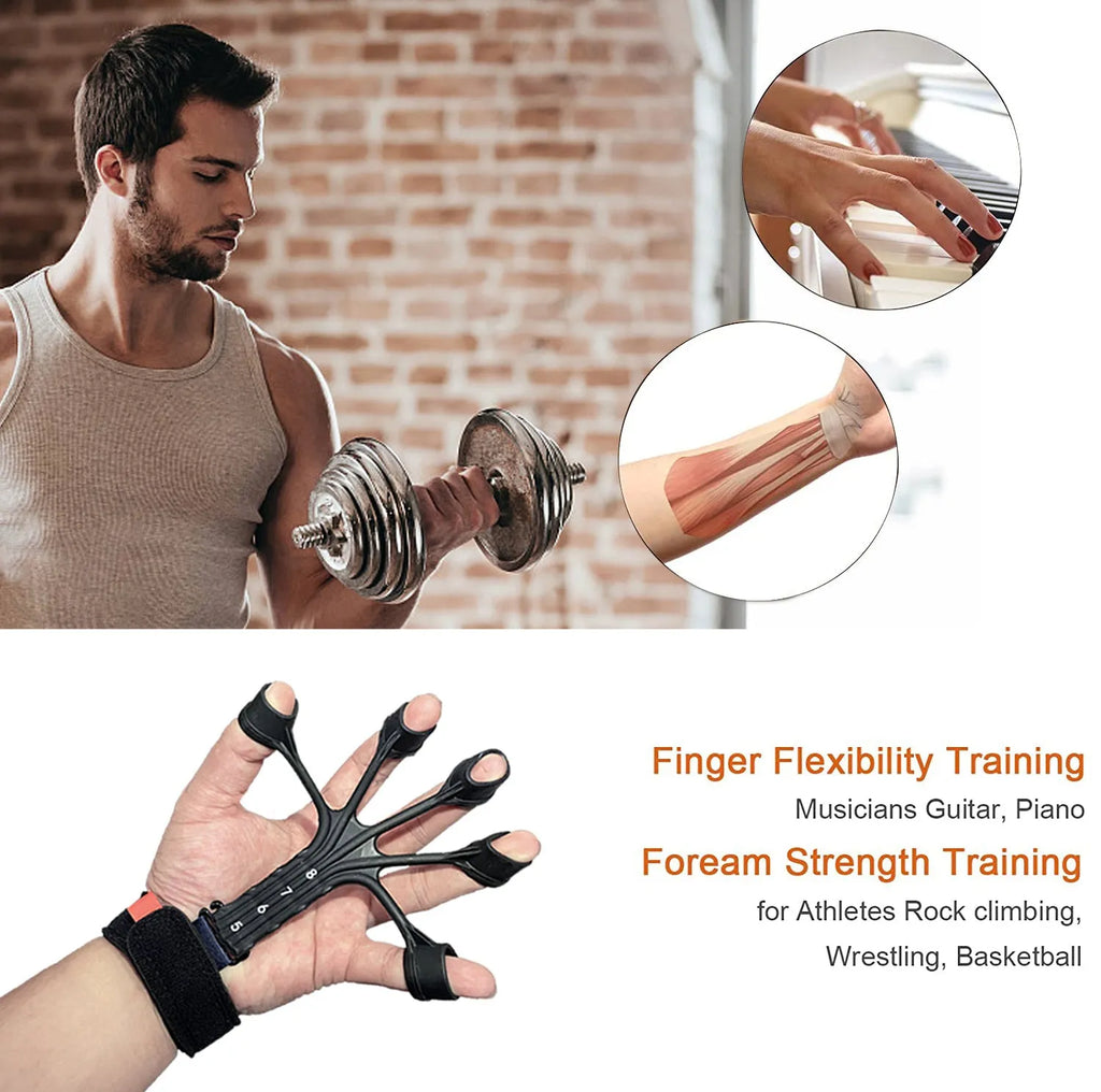 Black silicone finger rehabilitation trainer with adjustable tension belt for hand exercises