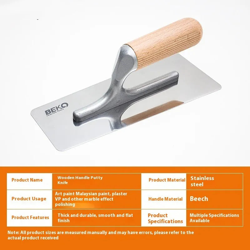 Stainless steel wall scraper with wooden handle for putty removal, showing three blade size options