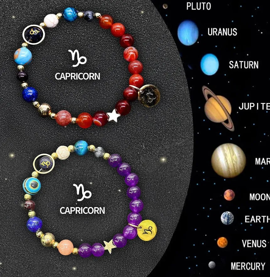 Two natural stone beaded bracelets with zodiac charms on a stretch elastic cord