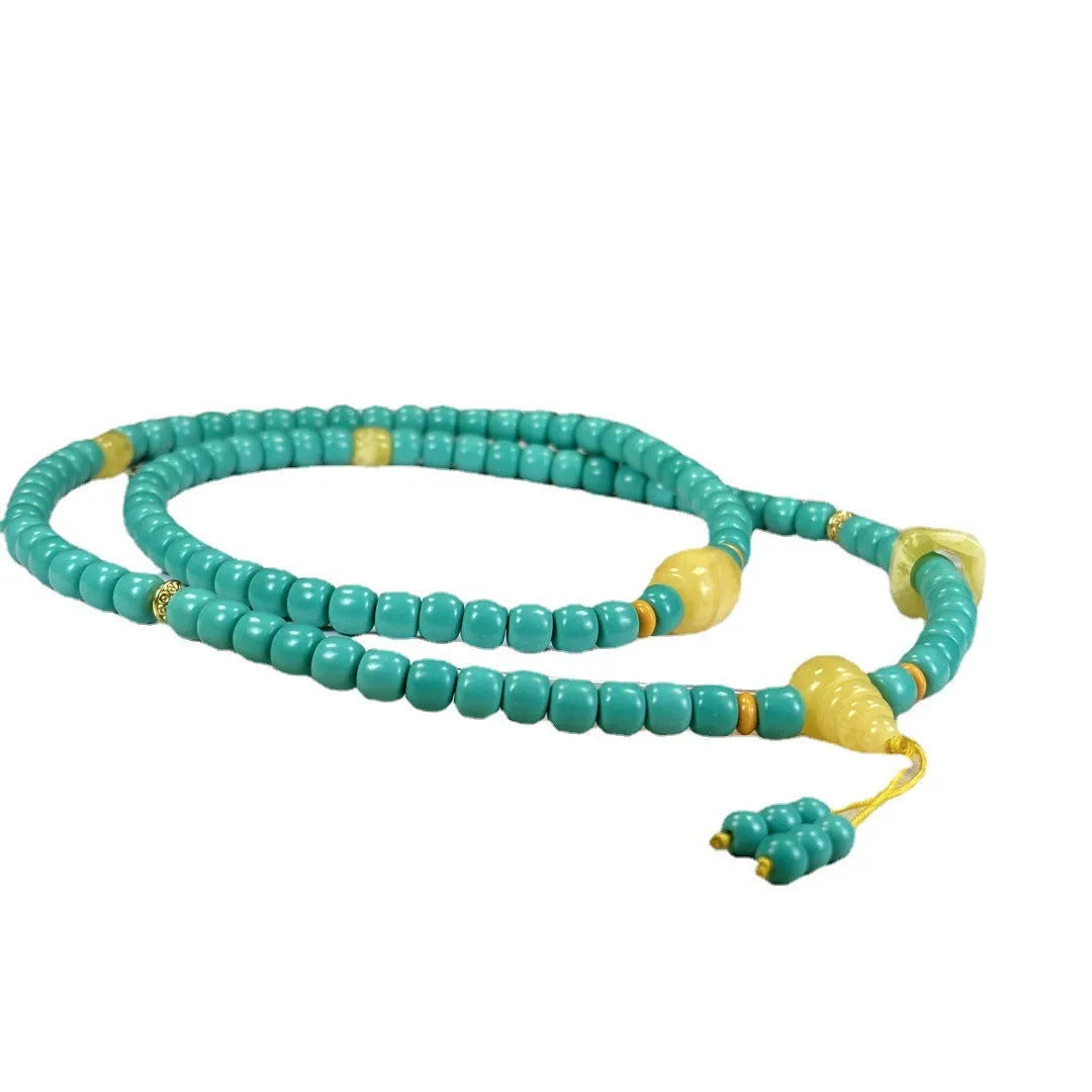 Turquoise stone mesh flower lucky pendant necklace with ball bead chain, adjustable 71-80cm length