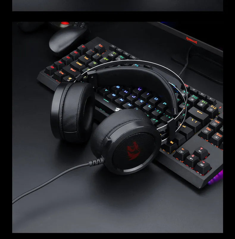 Black wired computer gaming headset with 3.5mm audio jack and cable