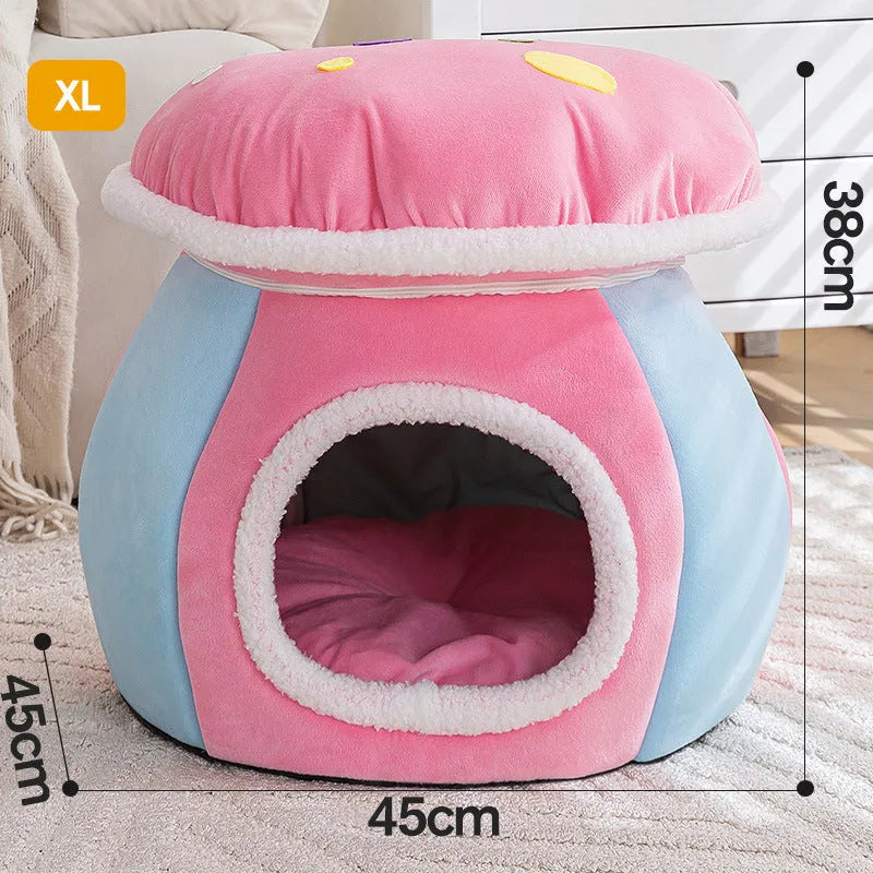 Purple mushroom-shaped plush cat bed for small pets on a grey background.