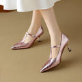 Genuine leather Mary Jane pumps with chunky heel in gun colour and pink options