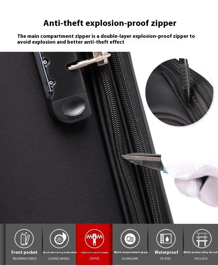 Black 18-inch Oxford cloth business suitcase with pull handle and universal wheels.