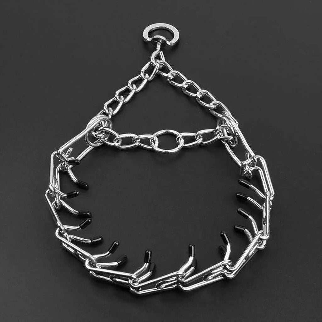 Stainless steel dog prong training collar with adjustable links and rubber comfort tips.