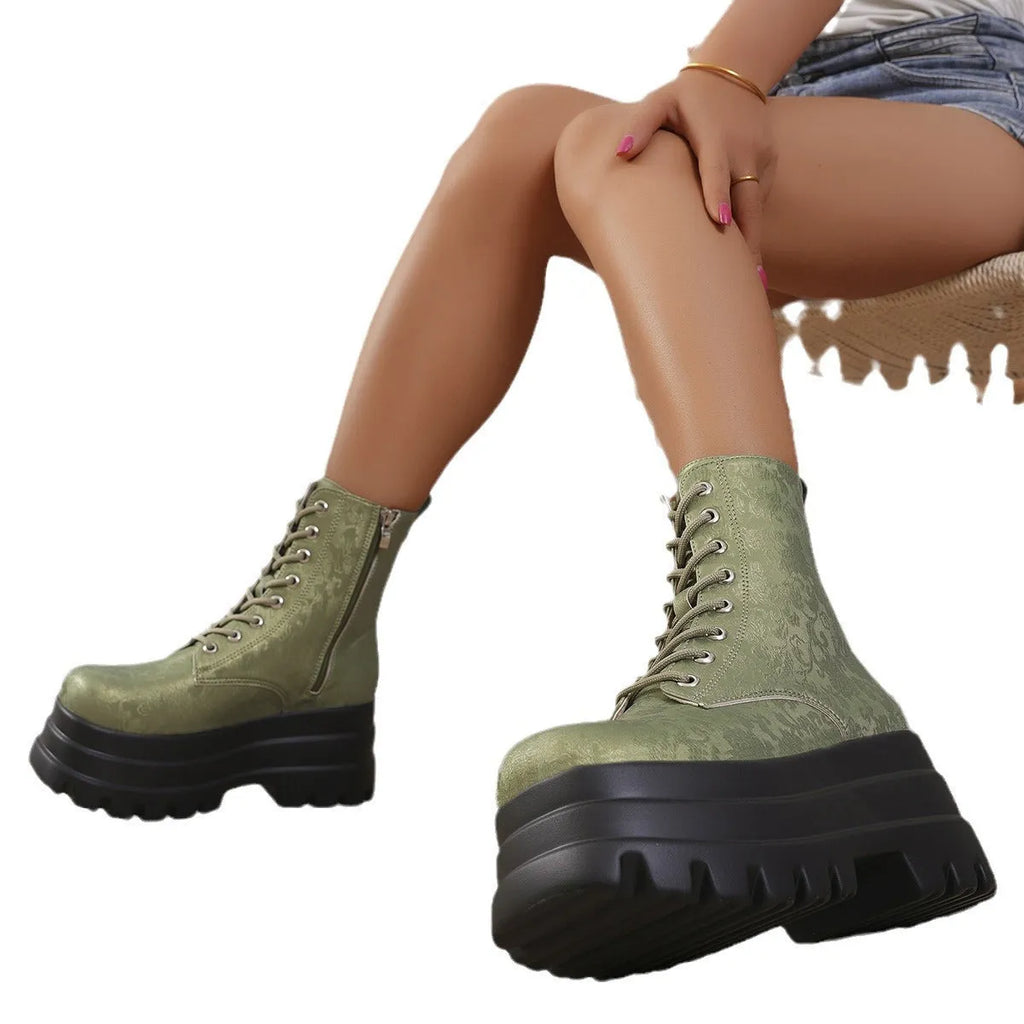 Women's retro platform boots with patchwork design, chunky mid heel, and side zipper in black, white, or green