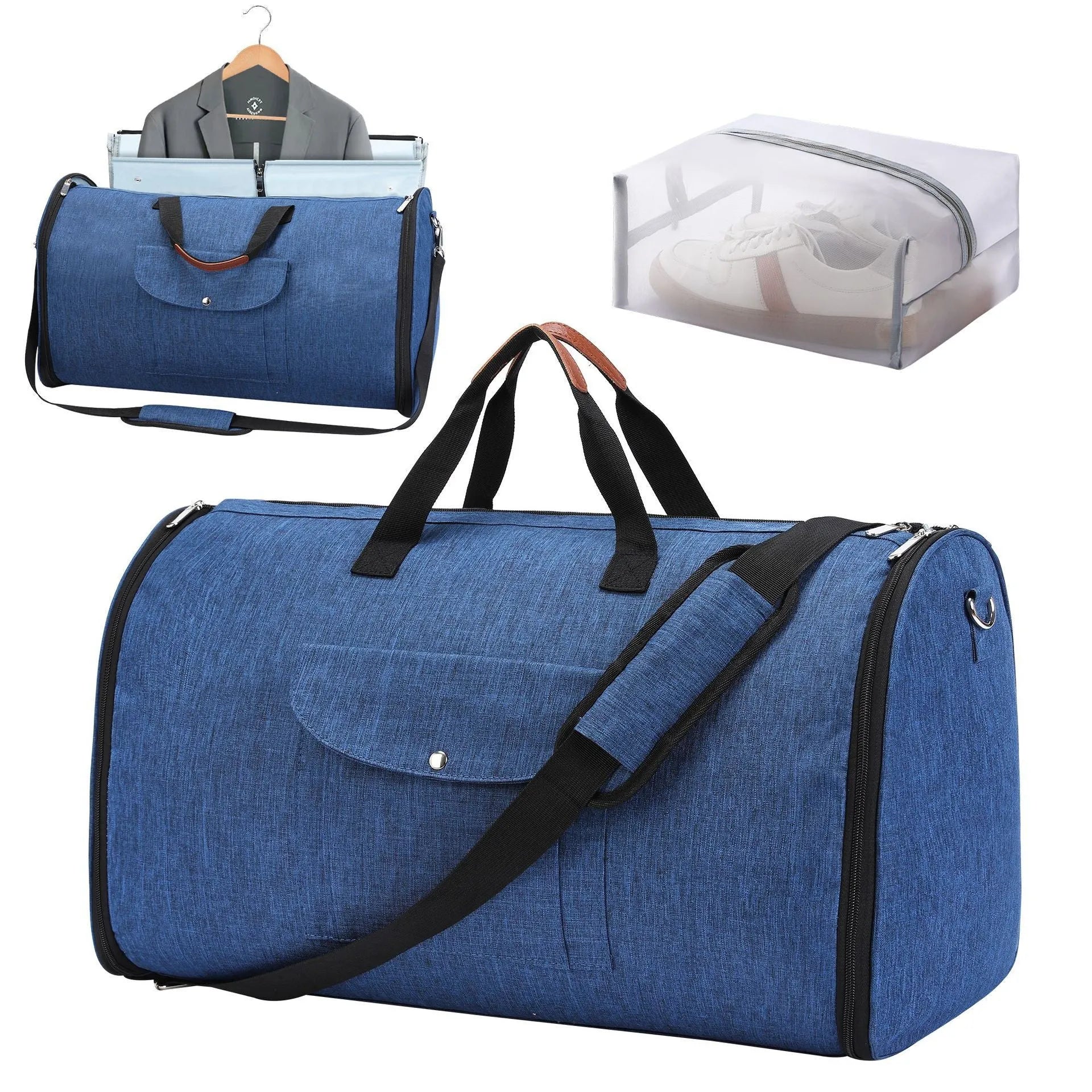 Folding duffel luggage bag in Oxford cloth with 36-55L capacity shown in dark blue colour