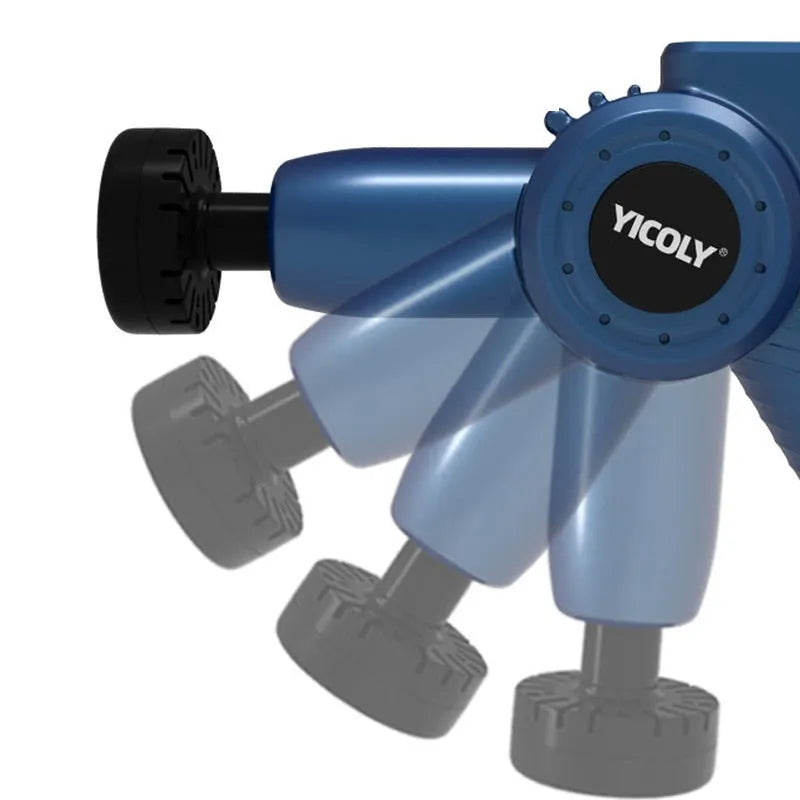 Black smart muscle massage gun with multiple attachable heads on a table