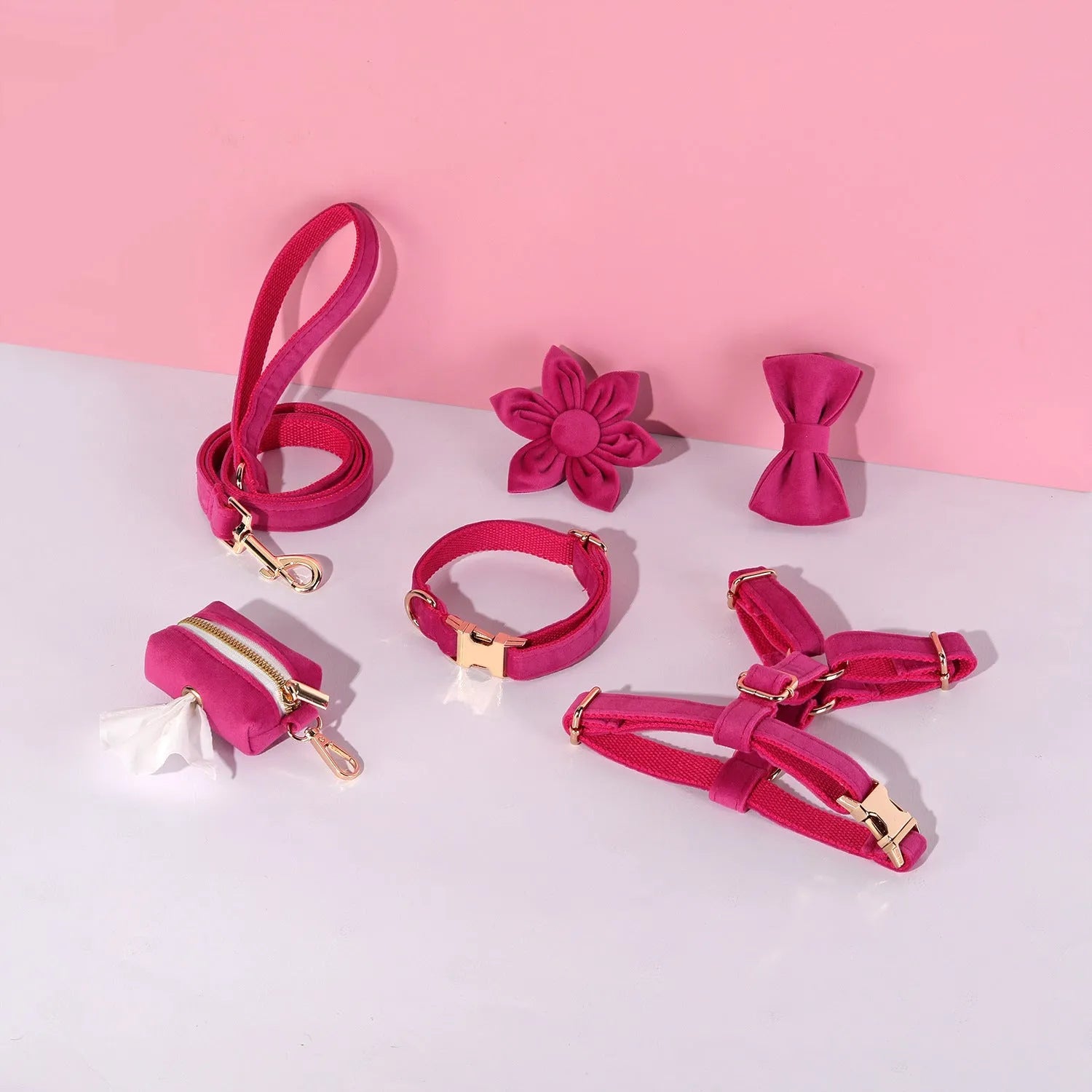 Soft cloth pet harness and lead set in velvet, showing collar, chest strap, lead, bow tie, and flower accessory.