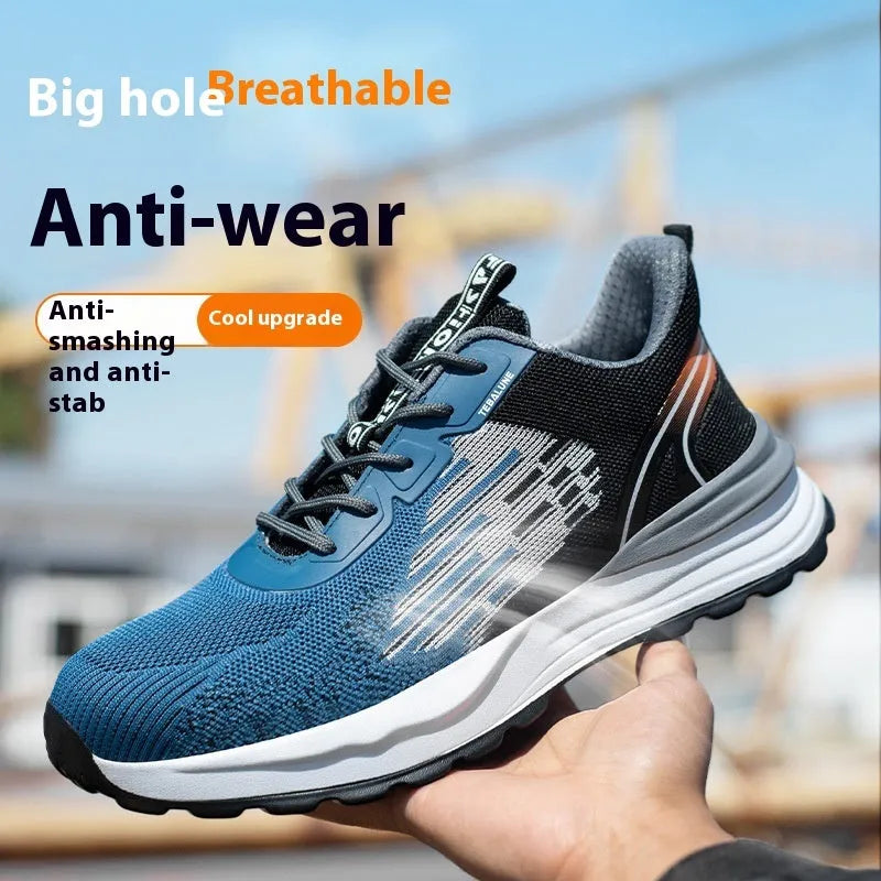 Blue men's safety work shoes with Flyknit mesh upper and lace closure