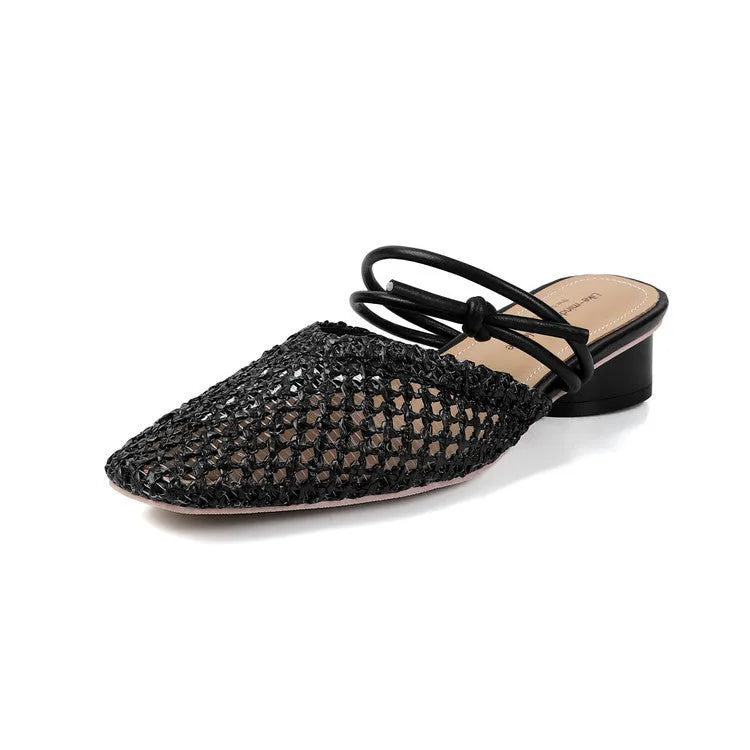 Women's French style square toe slippers with chunky heel in black, white and brown colour options