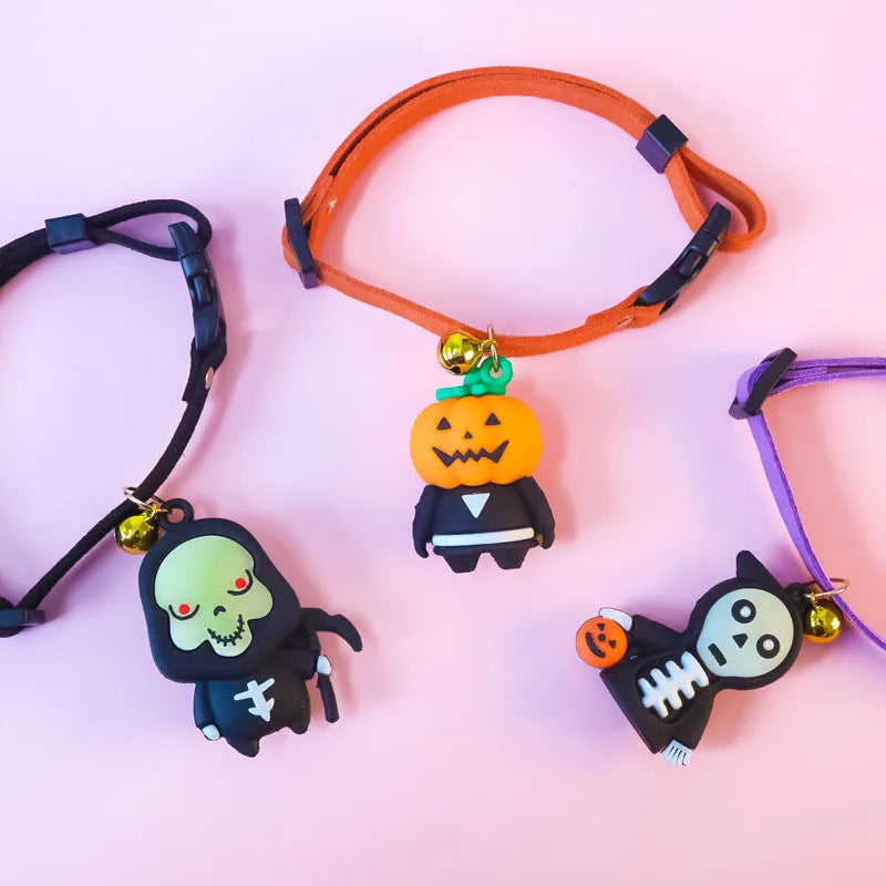 Halloween pet collar decoration with cartoon pattern in three designs including luminous options, sized XS to L for dogs and cats