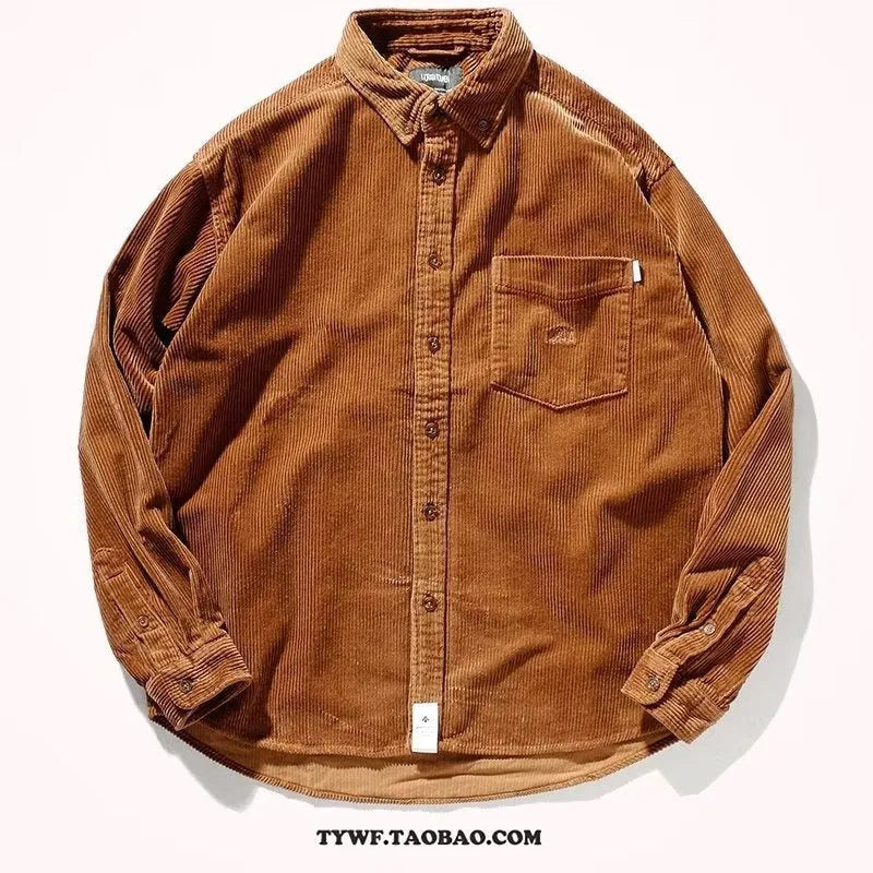 Caramel corduroy Hong Kong style loose fit cardigan shirt on hanger