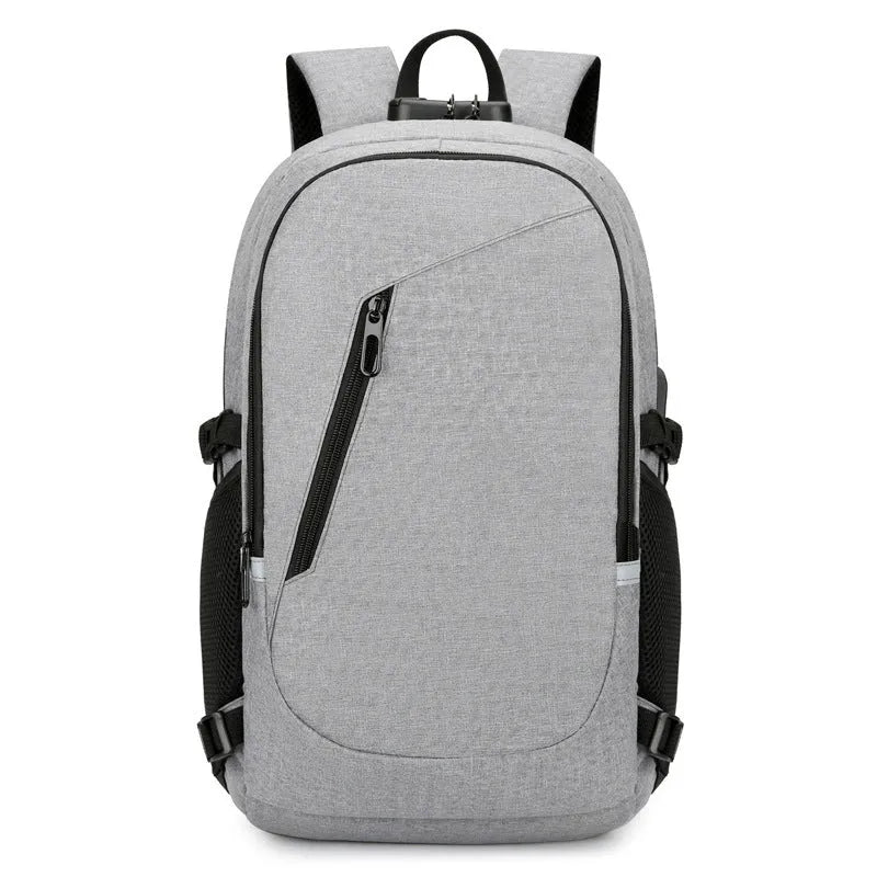 Grey Oxford cloth computer backpack with street trend style, shown with laptop compartment and front pocket.