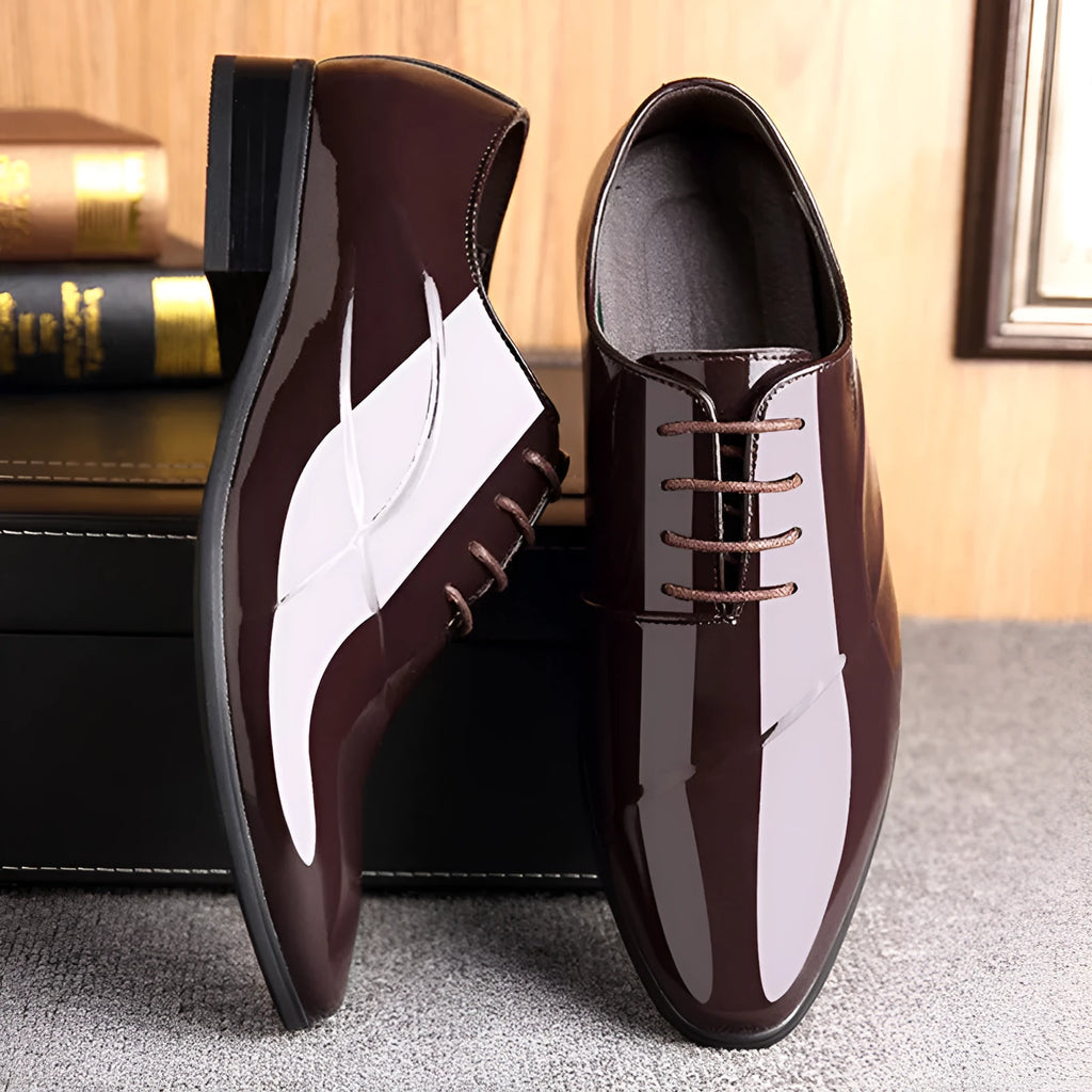 Men's black and brown formal business shoes with pointed toe and PU leather upper