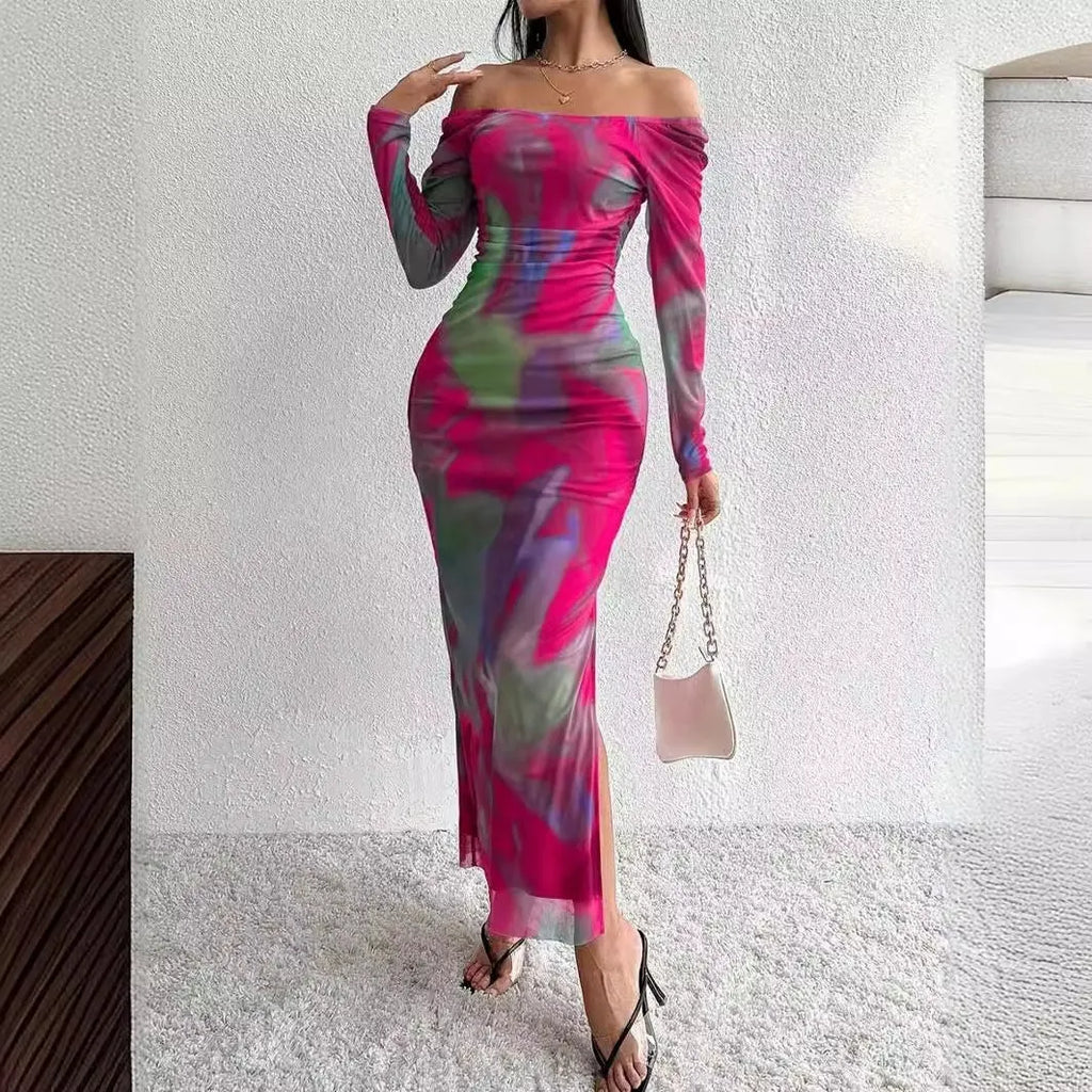 Printed pleated fishtail dress in mesh fabric with square collar and split design