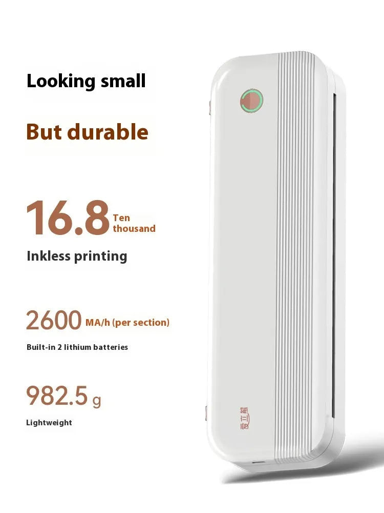 Portable A4 thermal printer in Tiffany Blue or White colours measuring 267mm wide